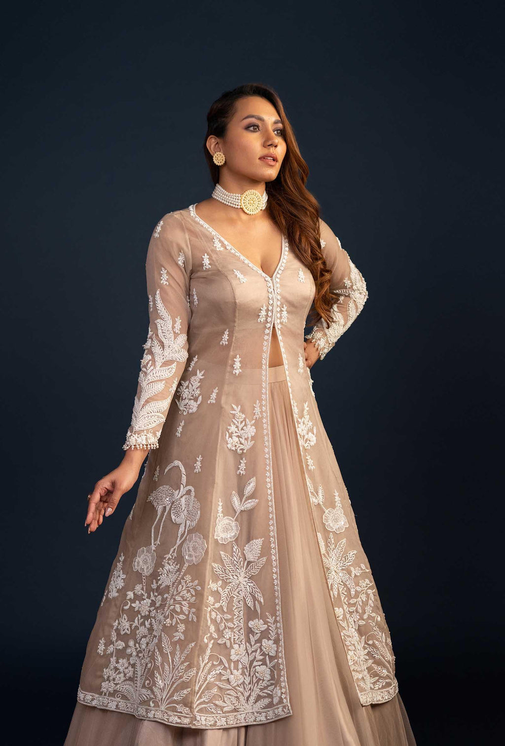 Athena Dusky Beige Plunging V-Neck Jacket Lehenga Set