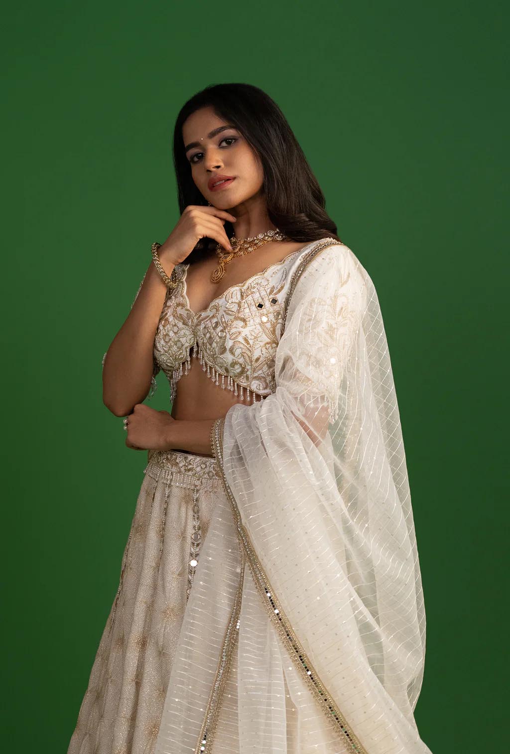 Astral Ivory Mirror Work Plunging Neck Lehenga Set