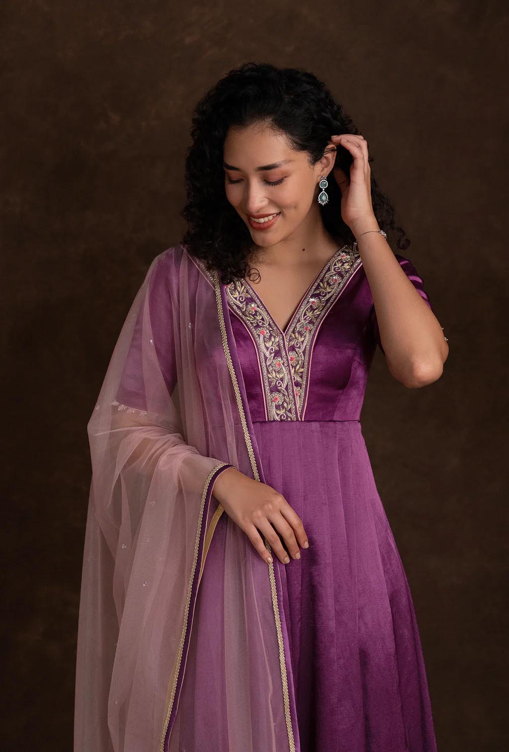 Berry Wine Plunging V-Neck Short Anarkali Set