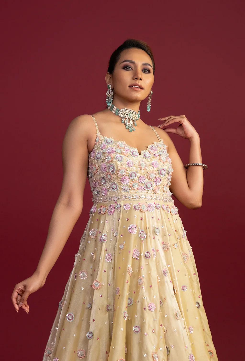 Belle Pastel Yellow with Embroidered Flowers Gown