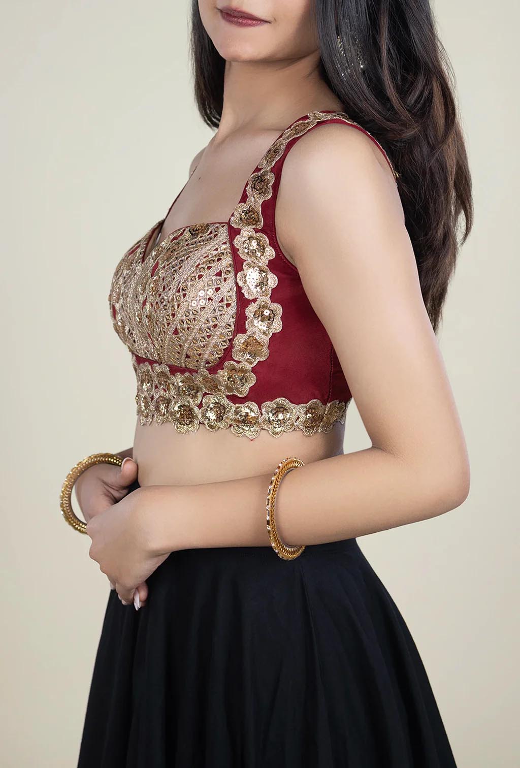 Ruby Red Silk Blouse with Golden Lacework