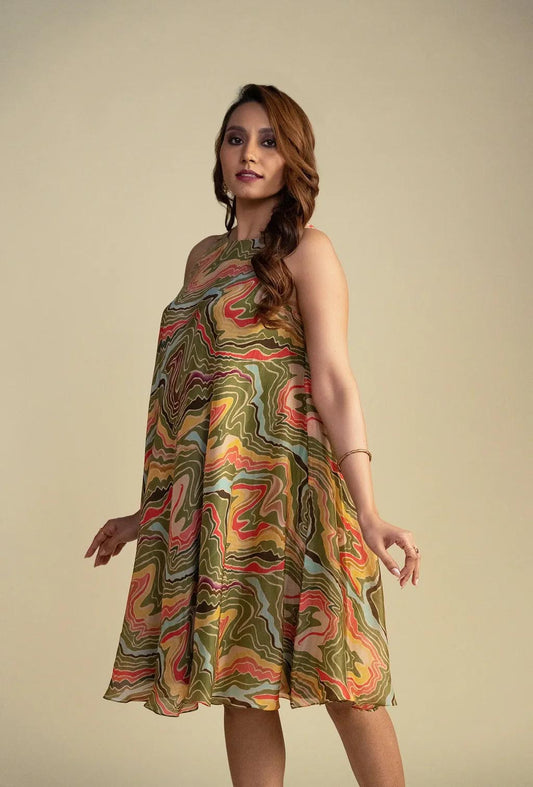 Olive Green Geometric Print Short Dress