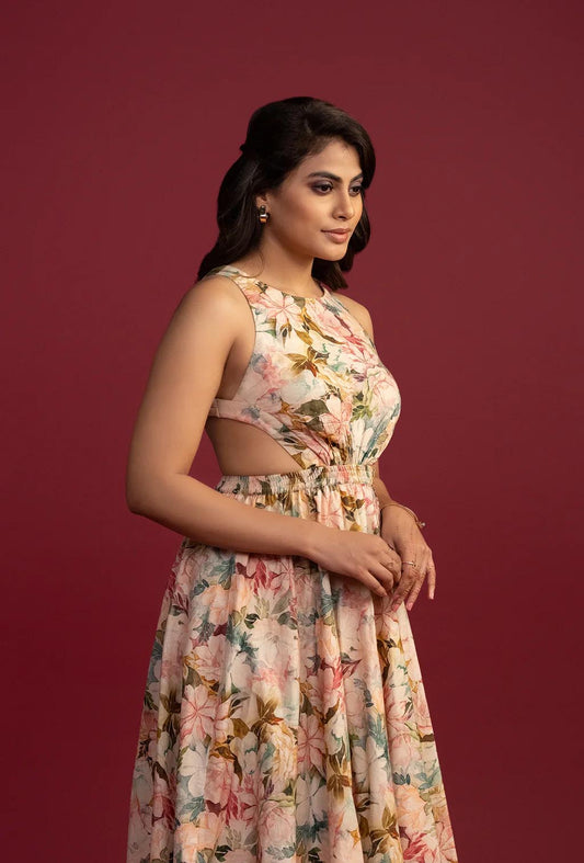 Cream Waist Slit Backless Midi Dress