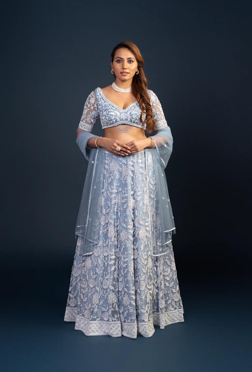 Nyra Frost Blue Floral Embroidery Lehenga Set