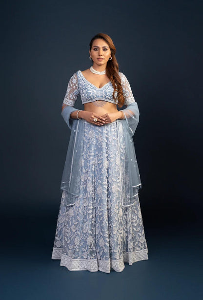 Nyra Frost Blue Floral Embroidery Lehenga Set