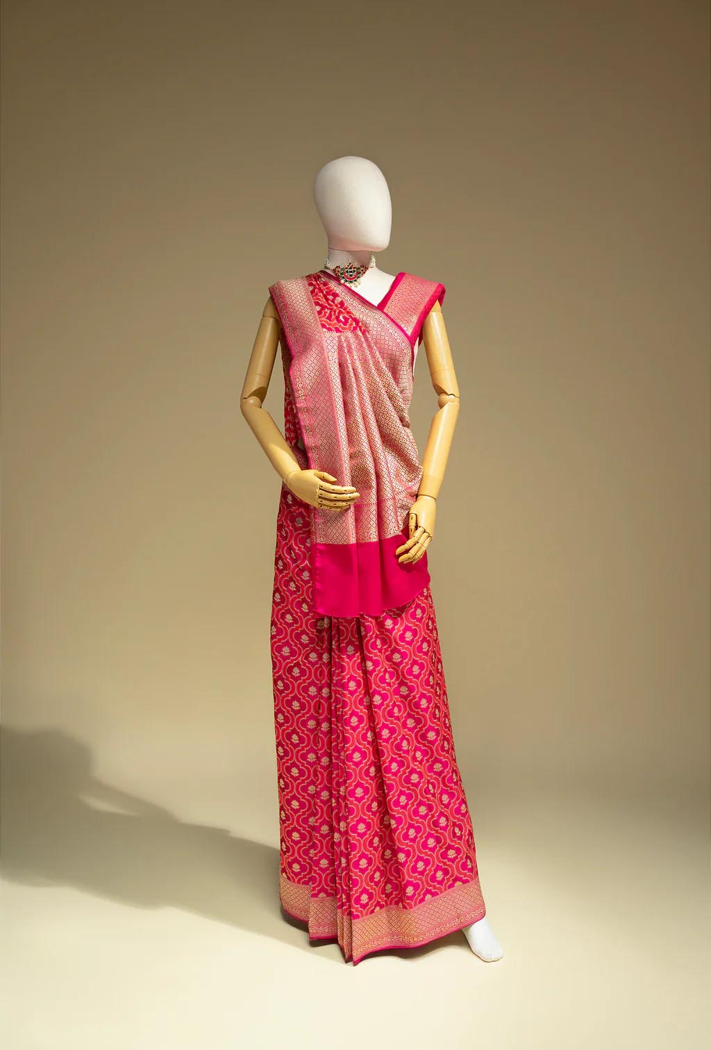 Rani Pink & Red Geometric Motif Mashru Silk Saree