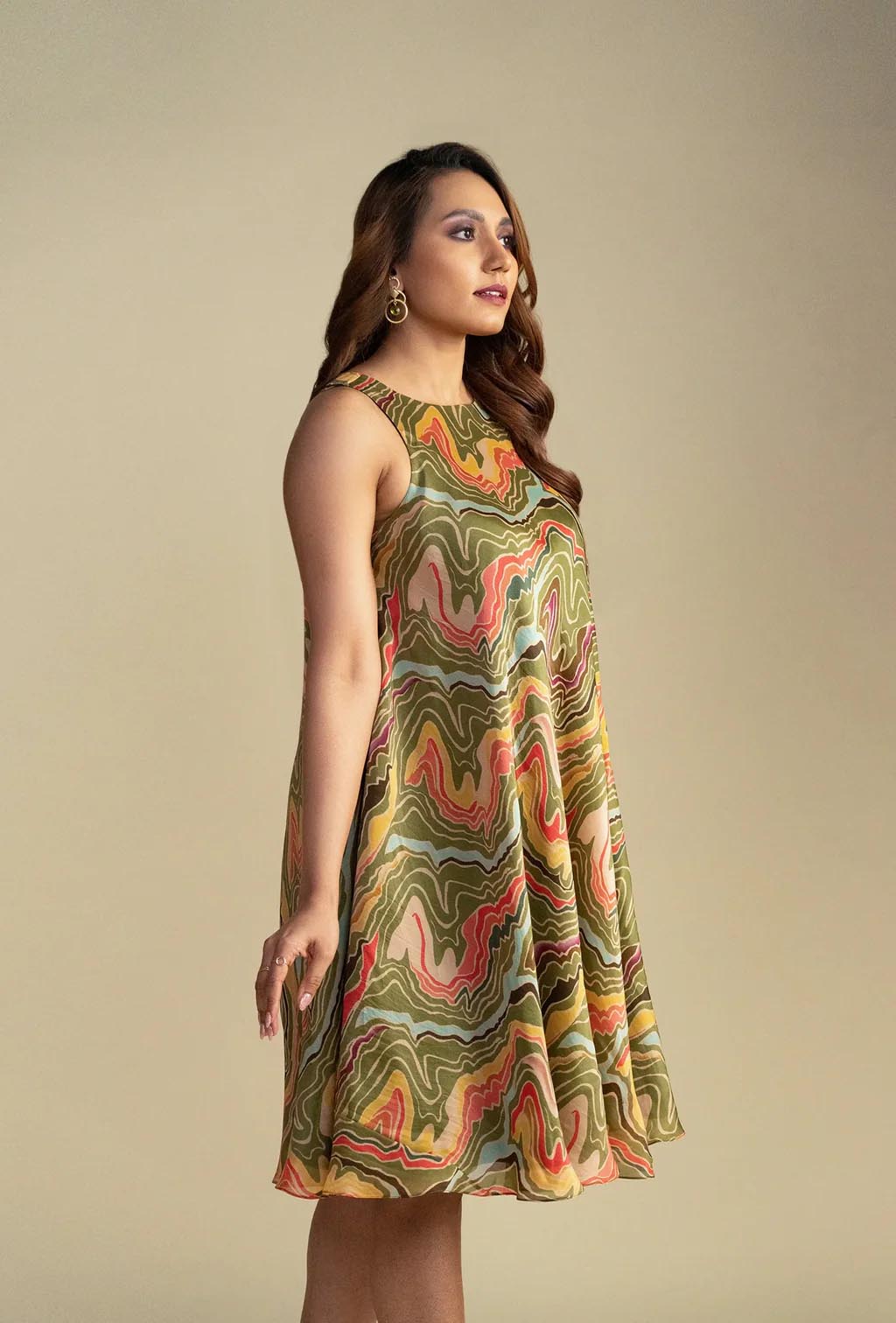 Olive Green Geometric Print Short Dress