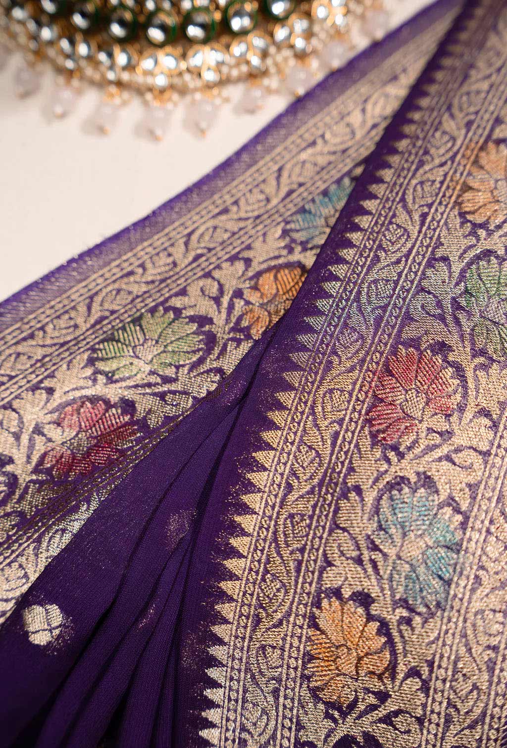 Purple Khadi Georgette Saree with Meenakari Floral Border
