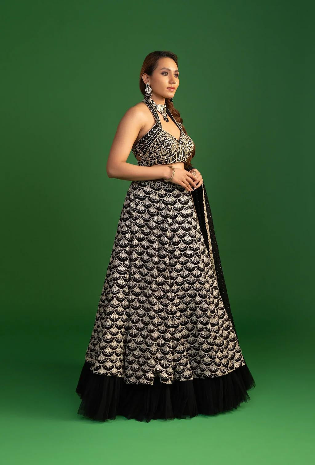 Zariya Black Zardozi Scalloped Lehenga Set