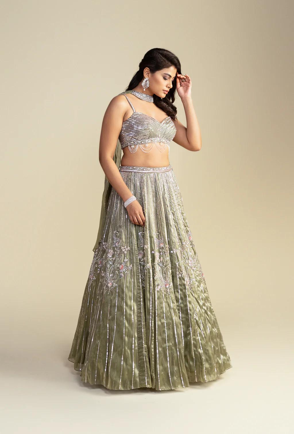 Aurum Moss Green Glass Organza Lehenga with Metallic Blouse