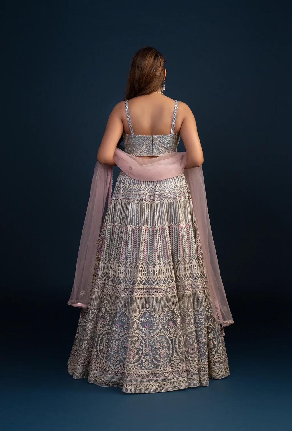 Mist Dusty Blue Threadwork Net Lehenga Set