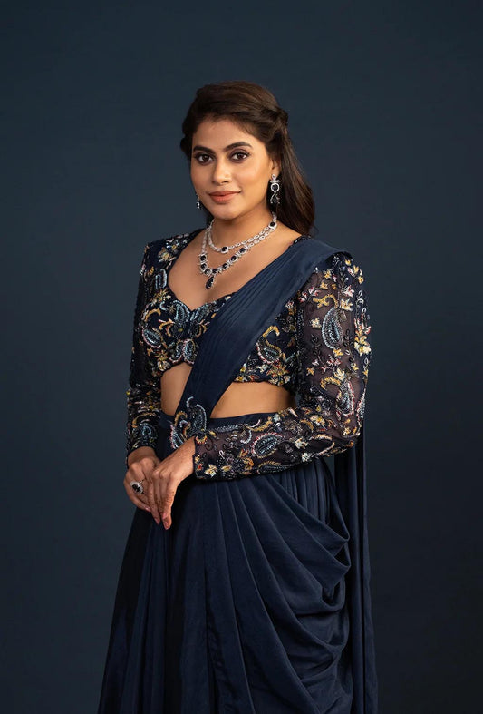 Qala Navy Blue Pre Draped Saree