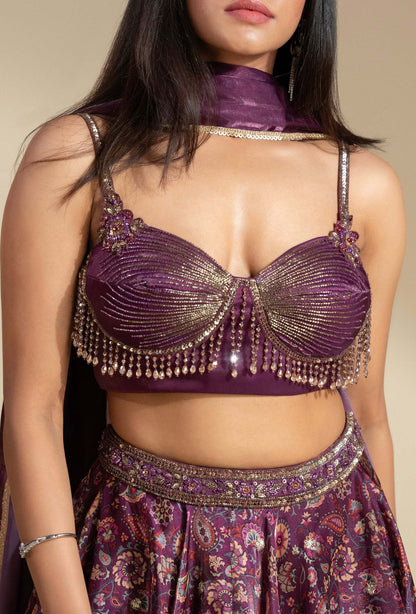 Elixir Wine Berry Glass Organza With Crystal Tassled Blouse Lehenga Set