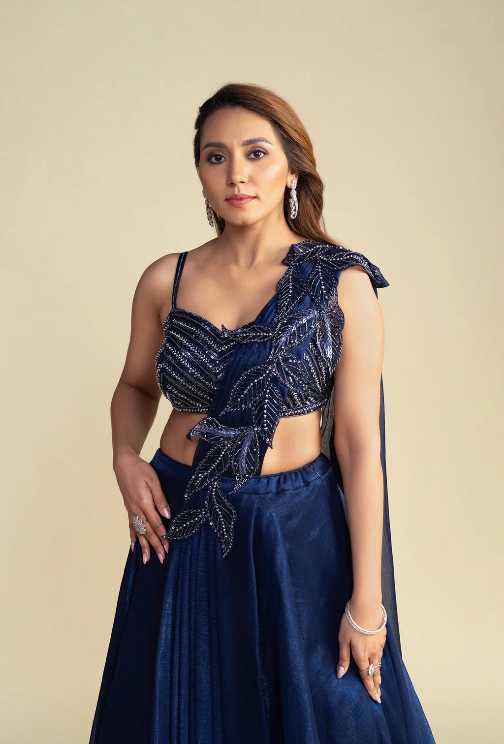 Azura Navy Blue Lehenga with Attached Aplique Dupatta Set