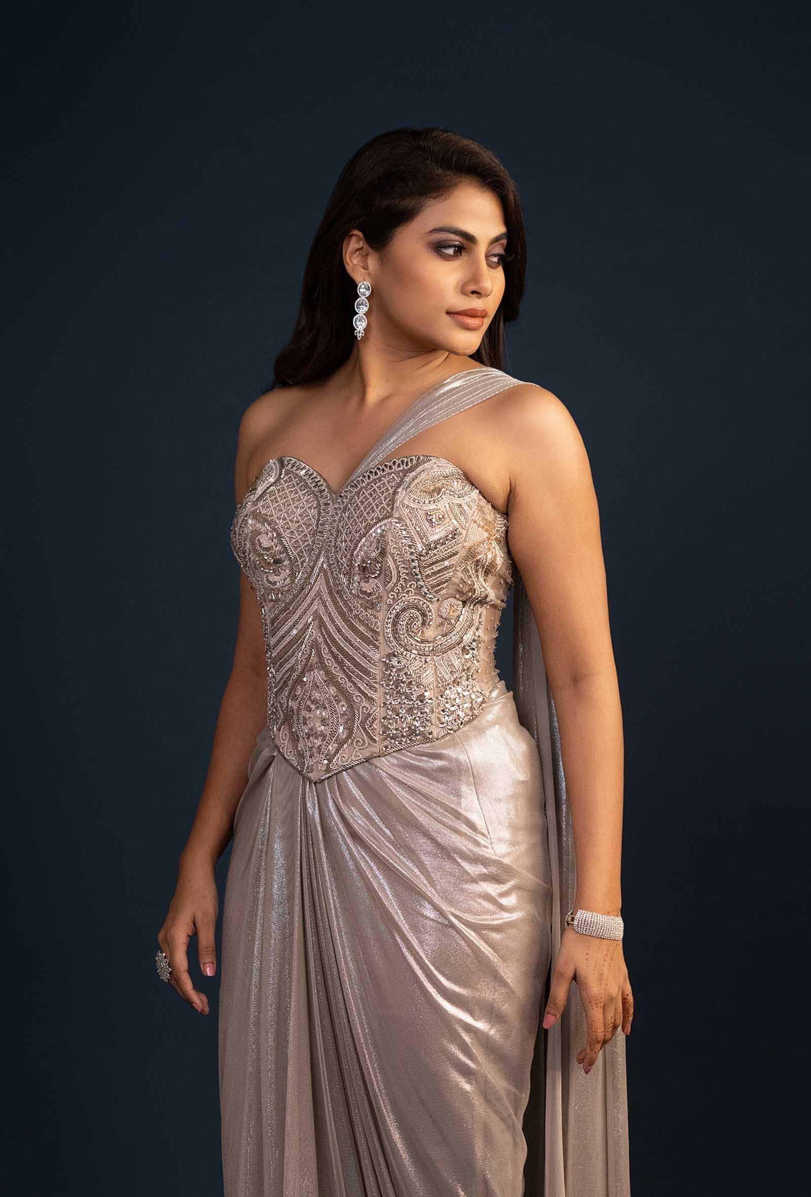 Delphine Waist Emphasizing Corset and Cinched Skirt Set in Metallic Silver