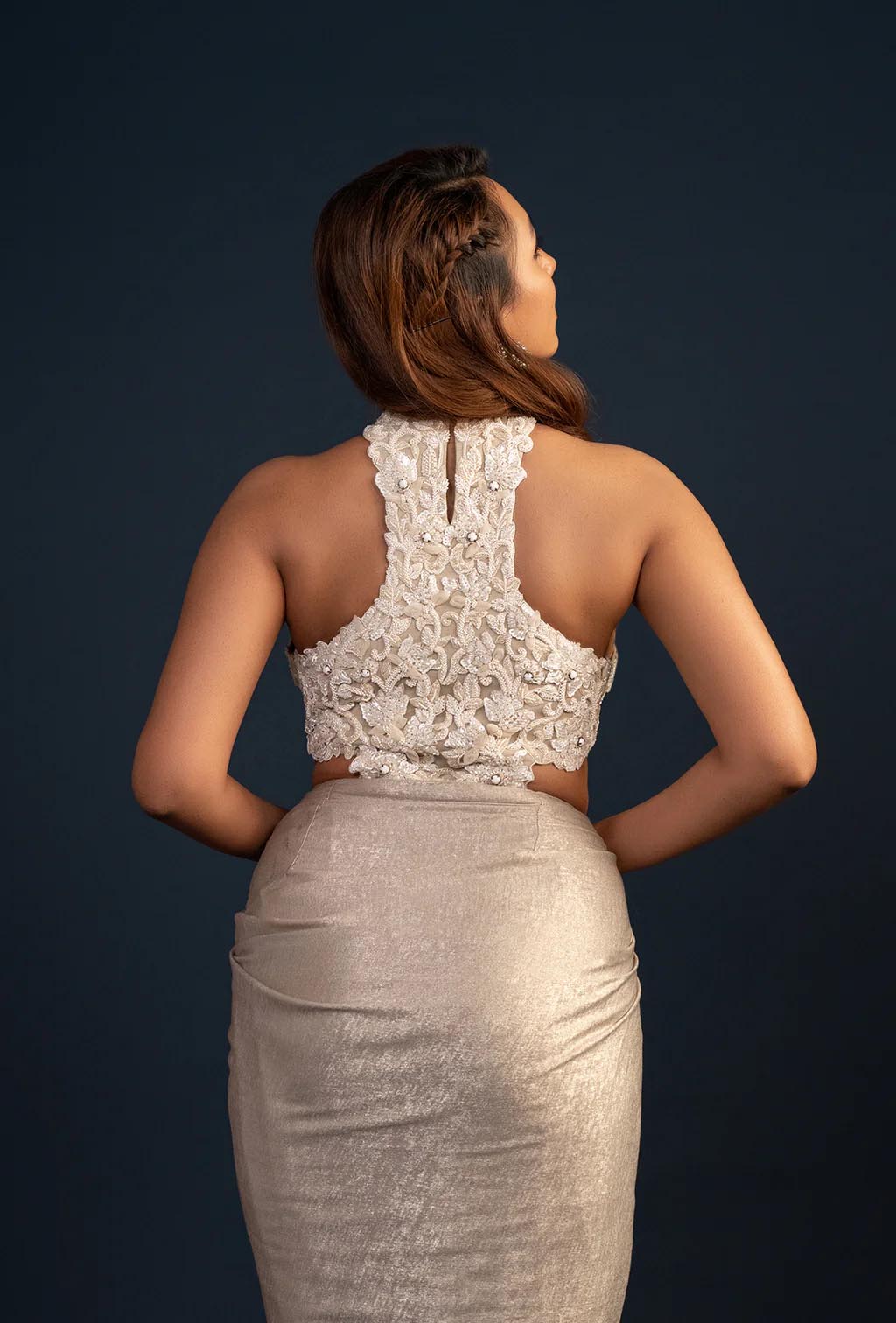 Audrey Grey Waist Cut Out Shimmer Gown