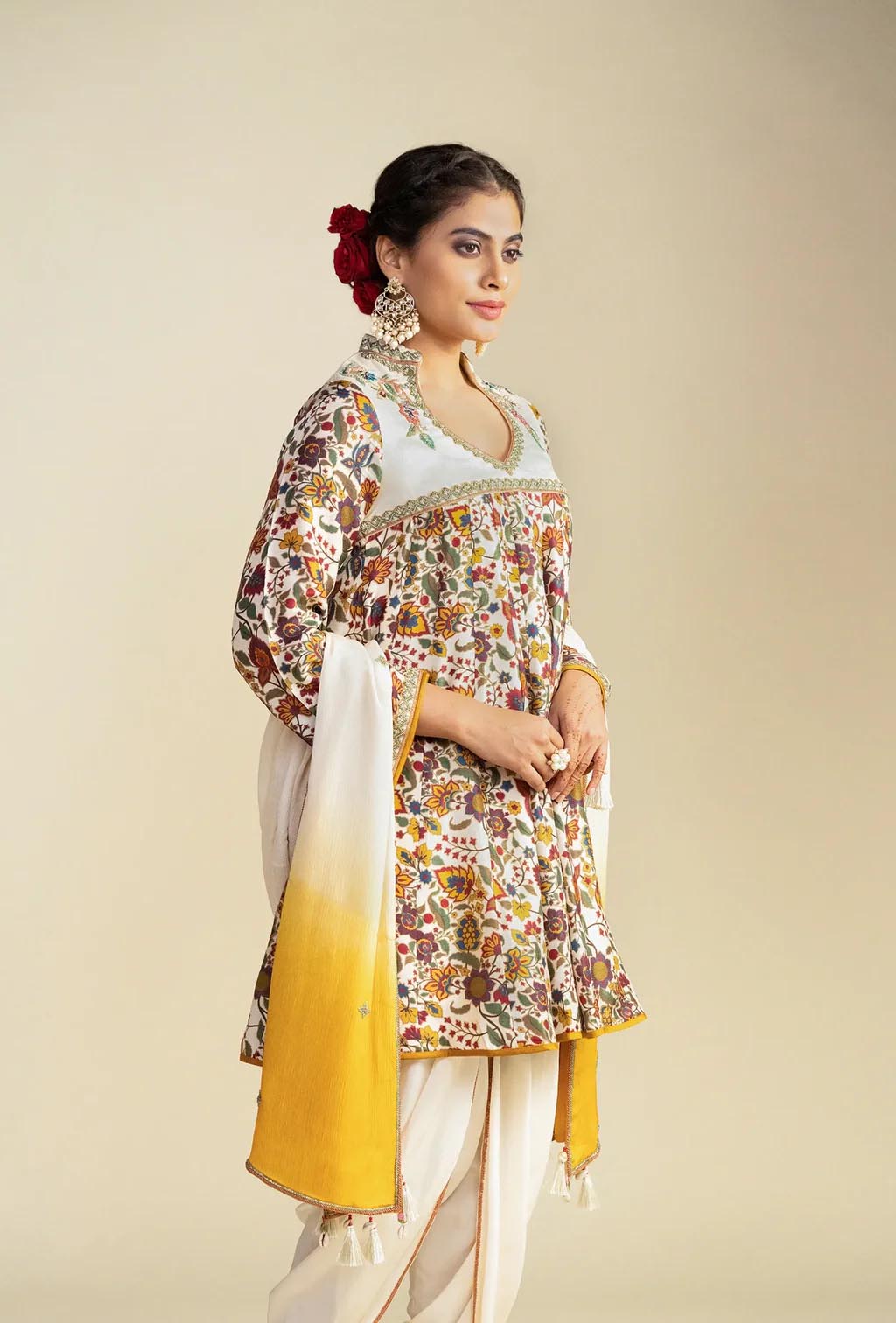Ivory Floral Print Ethnic Kurta & Dhoti Set