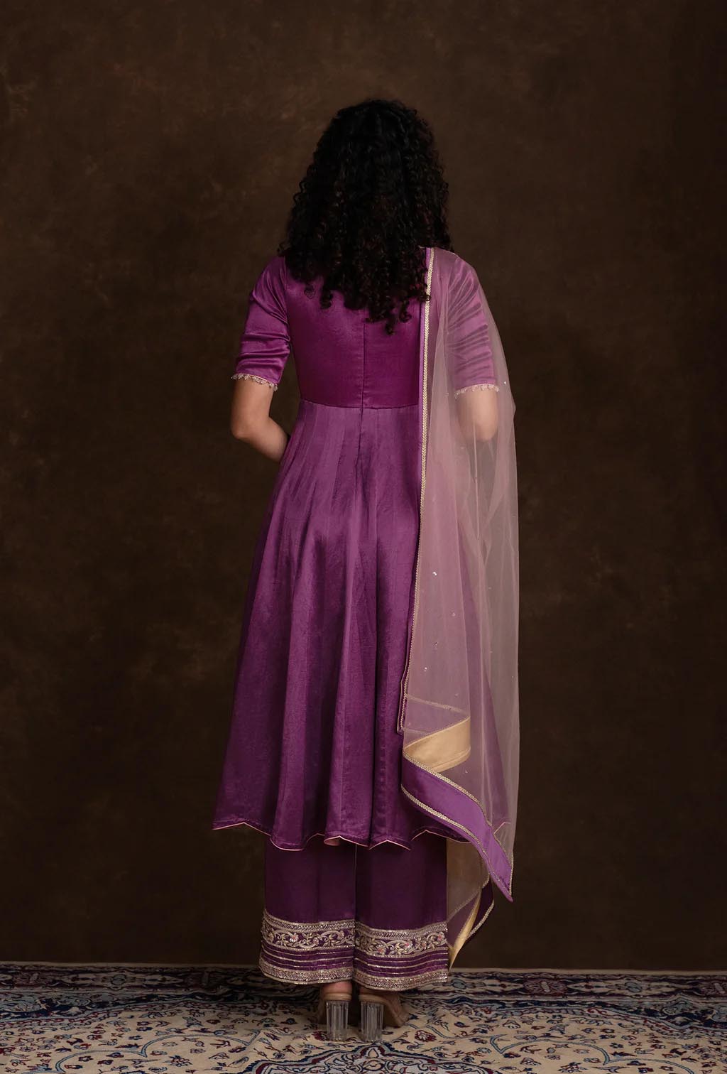 Berry Wine Plunging V-Neck Short Anarkali Set