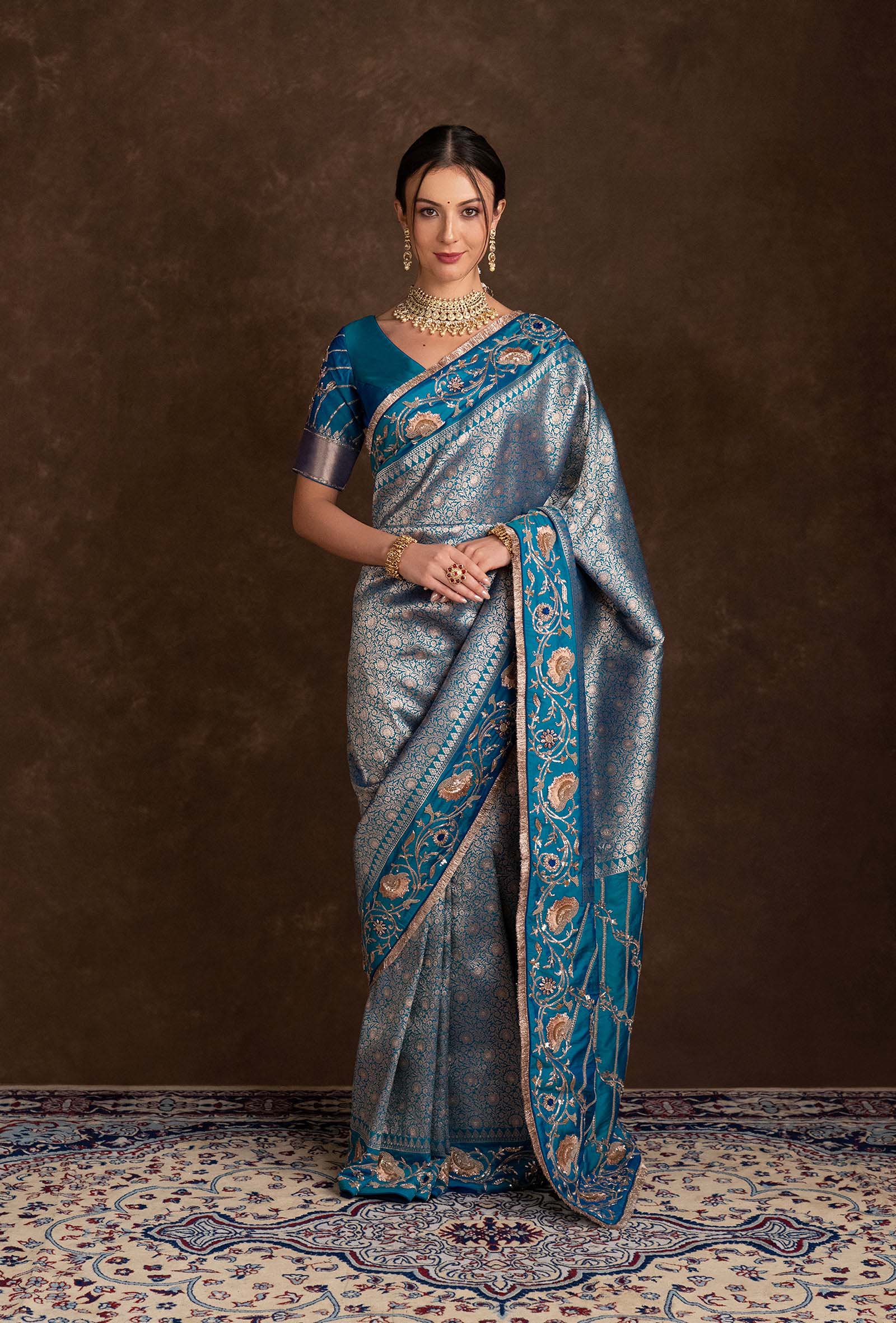 Handcrafted Peacock Blue Unstitched Blouse with Bridal Silk Saree in Resham & Zardozi Work