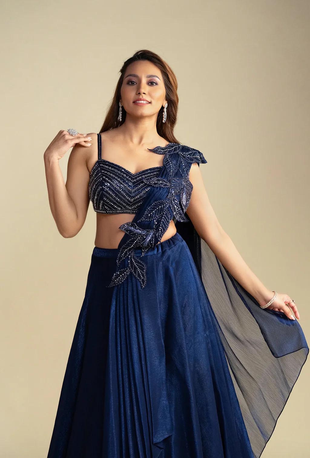 Azura Navy Blue Lehenga with Attached Aplique Dupatta Set