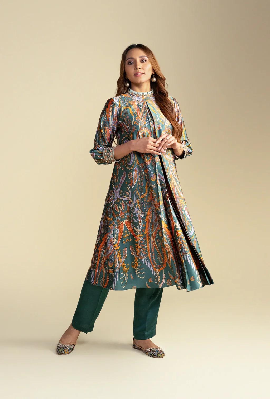 Green Digital Print Silk Kurta Set