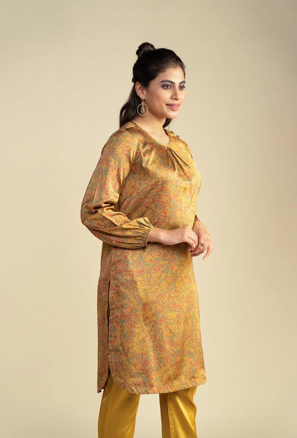 Golden Palm Crepe Satin Kurta Set
