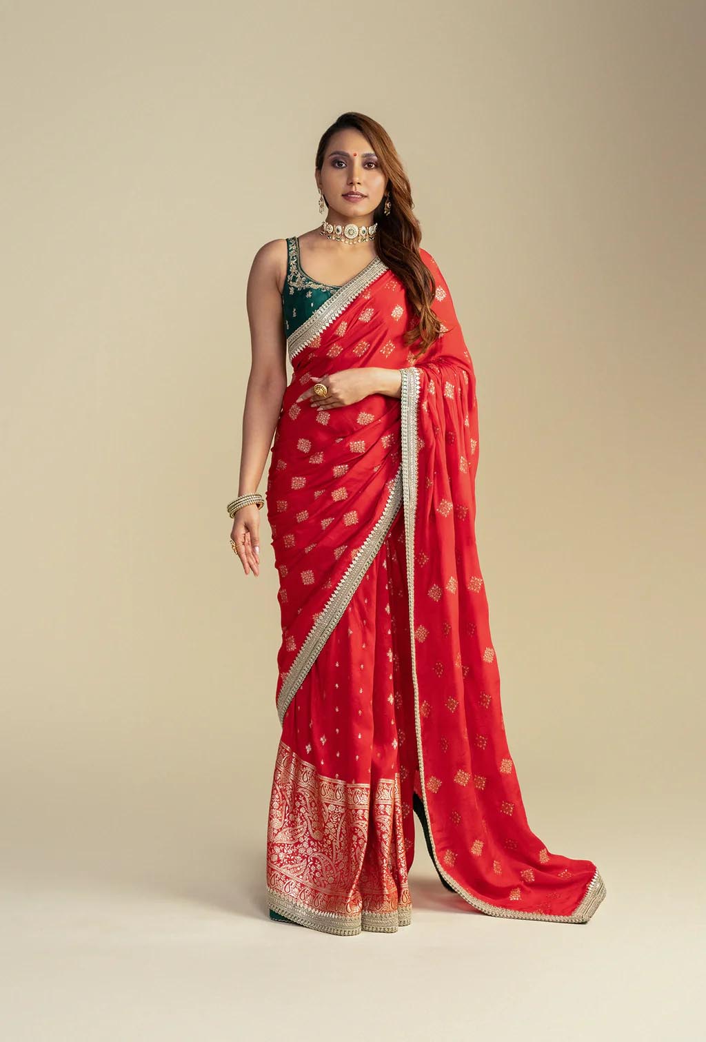 Reet Red Chinnon Buti Work Silk Saree with Emerald Green Blouse