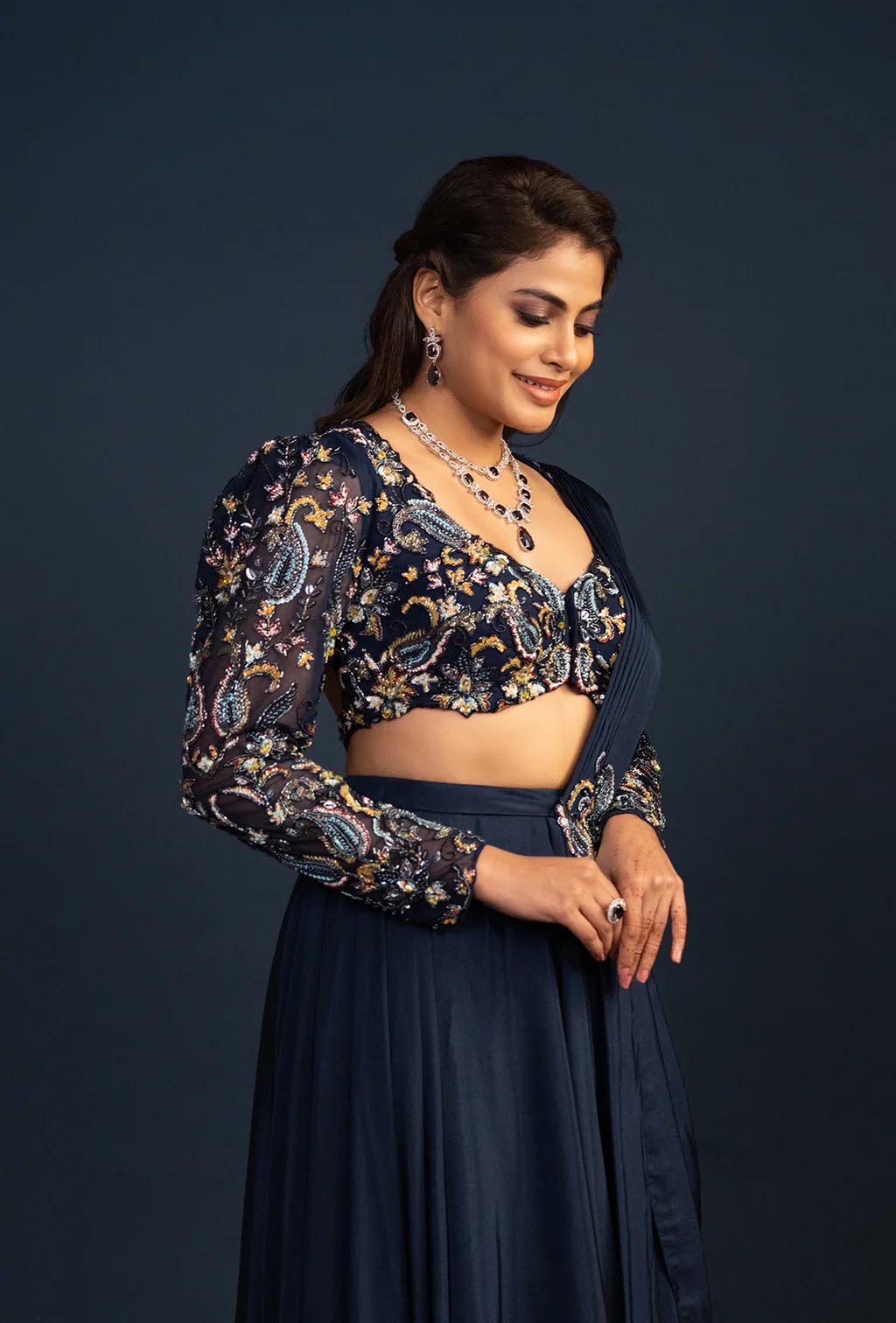 Qala Navy Blue Pre Draped Saree