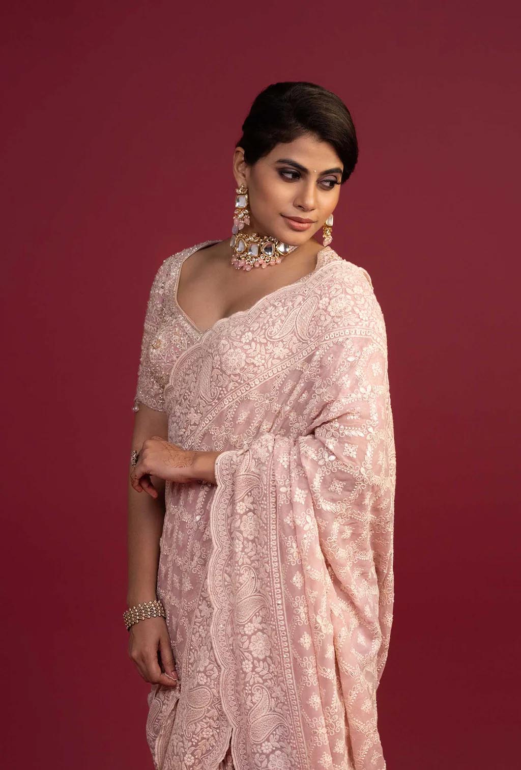Saanjh Peachy Pink Lucknowi Pre Pleated Saree