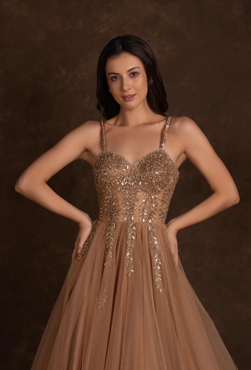 Alaya Mocha Brown Corset Style Stonework Gown