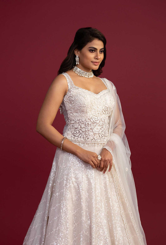 Cascade Pearl Ivory Sweetheart Neck Lehenga Set