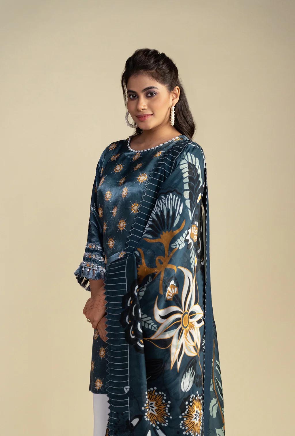 Charcoal Blue Silk Kurta with Floral Print Dupatta
