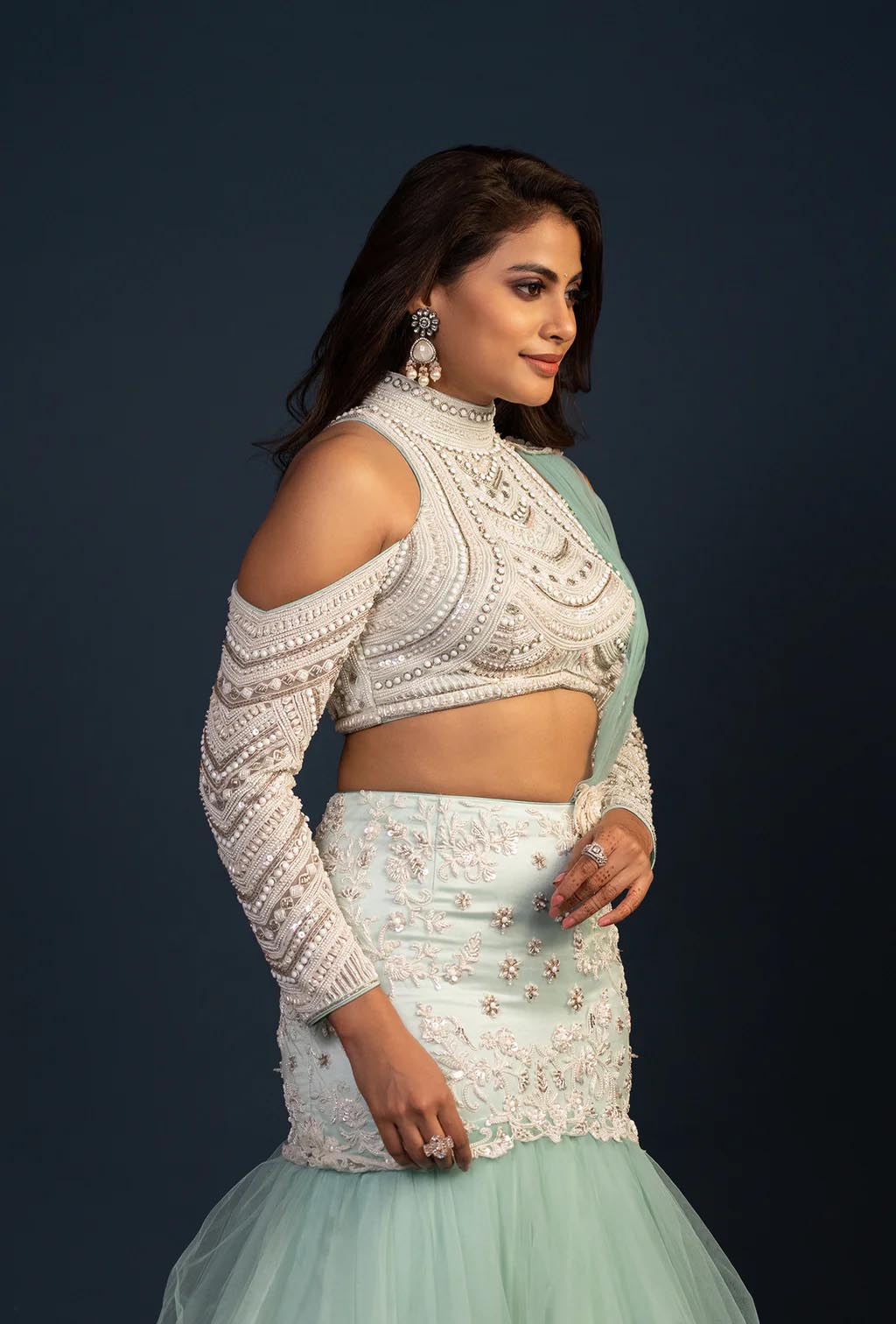 Adara Turquoise Green Mermaid Ruffle Lehenga Set with Heavy Bead Work