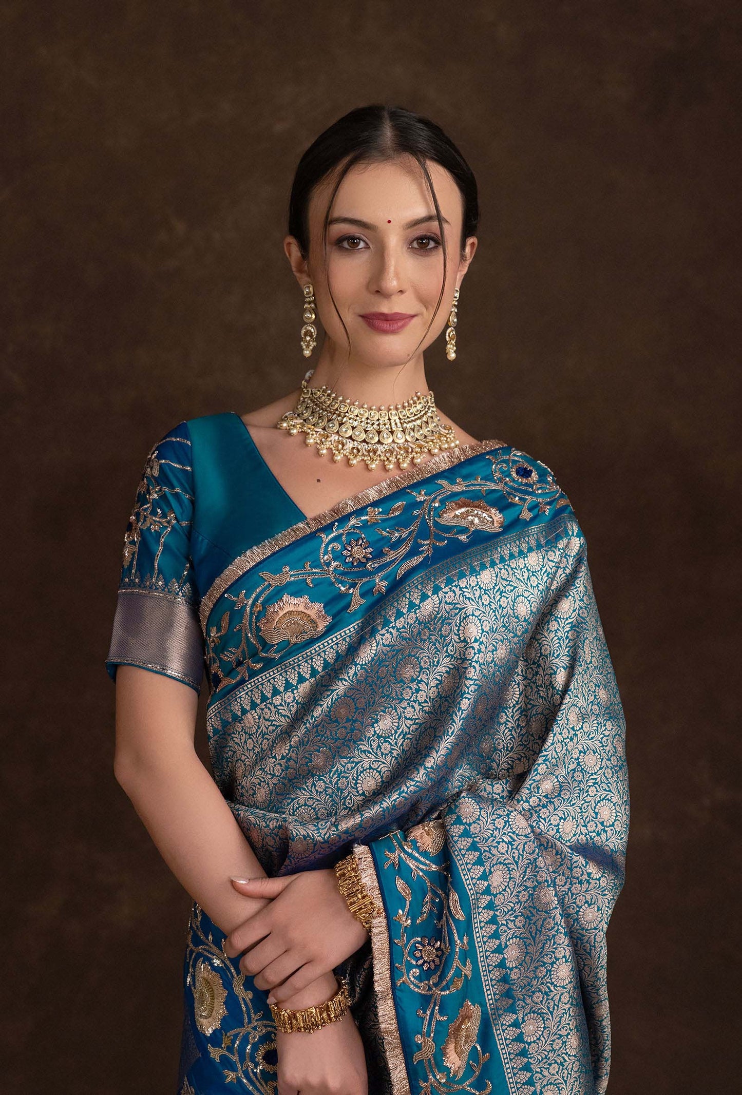 Handcrafted Peacock Blue Blouse with Bridal Silk Saree in Resham & Zardozi Work