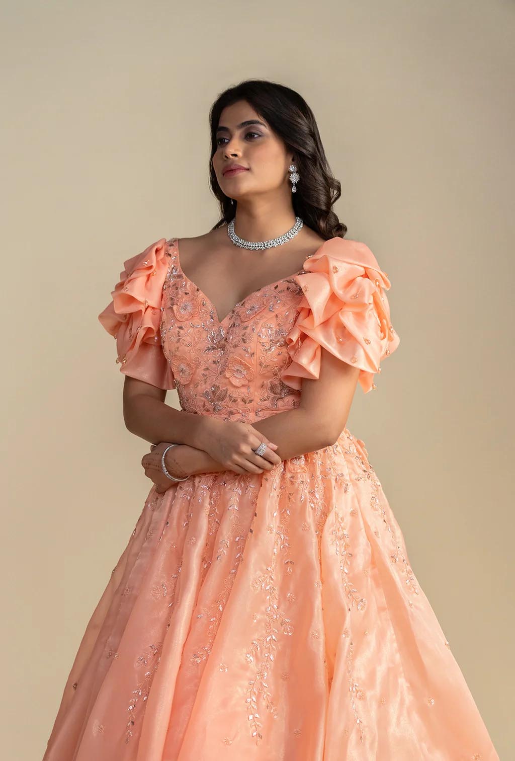 Fiona Coral Short Ruffle Sleeves Gown