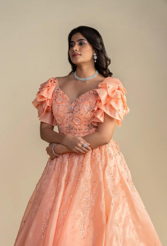 Fiona Coral Short Ruffle Sleeves Gown