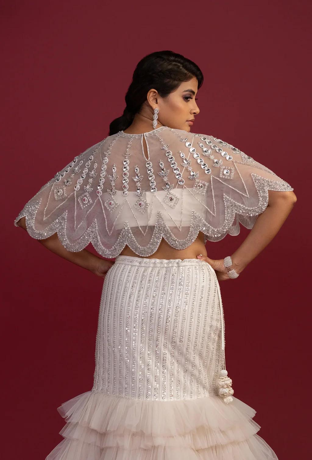 Elora White Fishcut Ruffled Lehenga with Crystal Cape