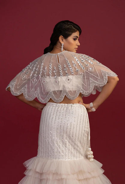 Elora White Fishcut Ruffled Lehenga with Crystal Cape