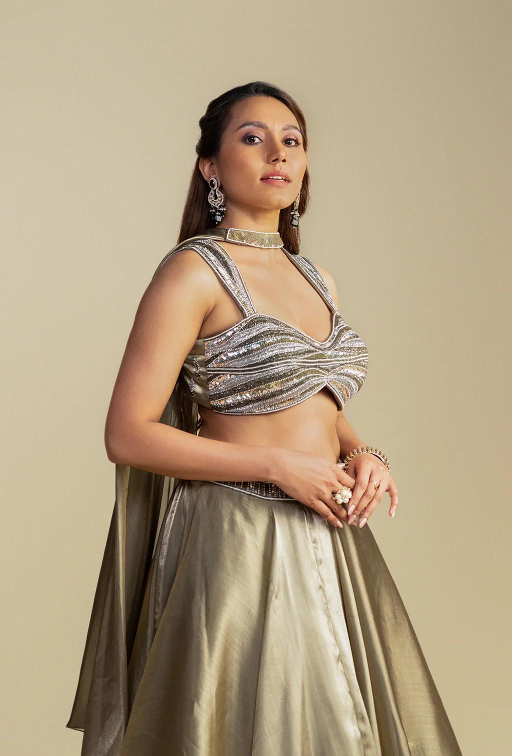 Aura Golden Green Glass Tissue Organza Lehenga with Metallic Blouse