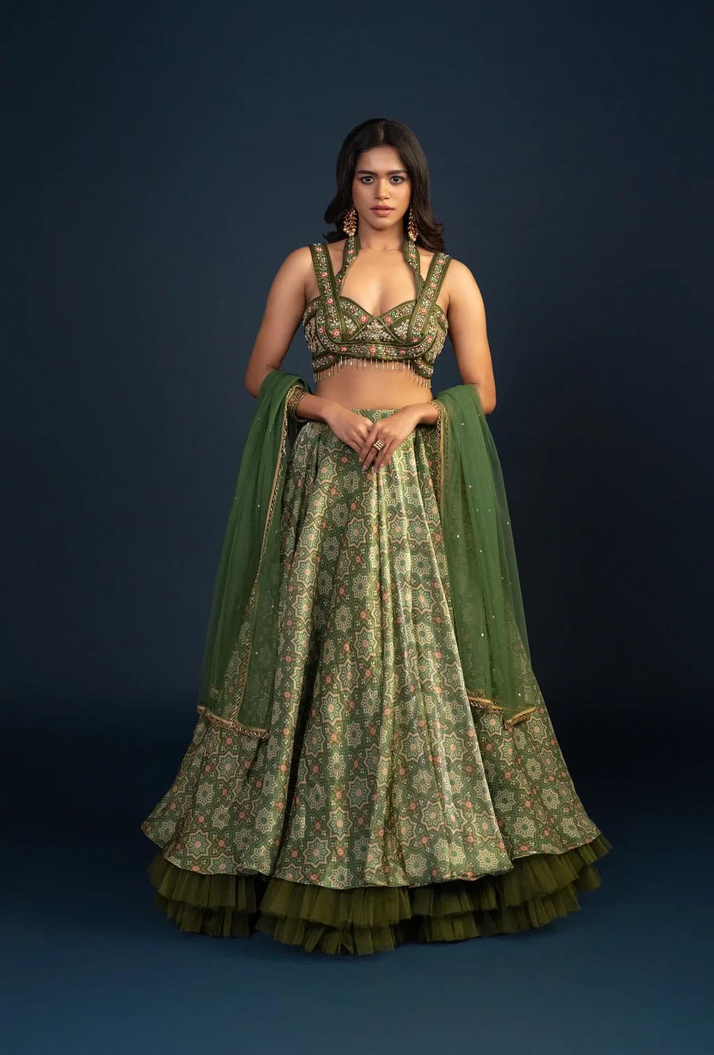 Maple Dark Olive Green Digitally Printed Criss Cross Neck Lehenga Set