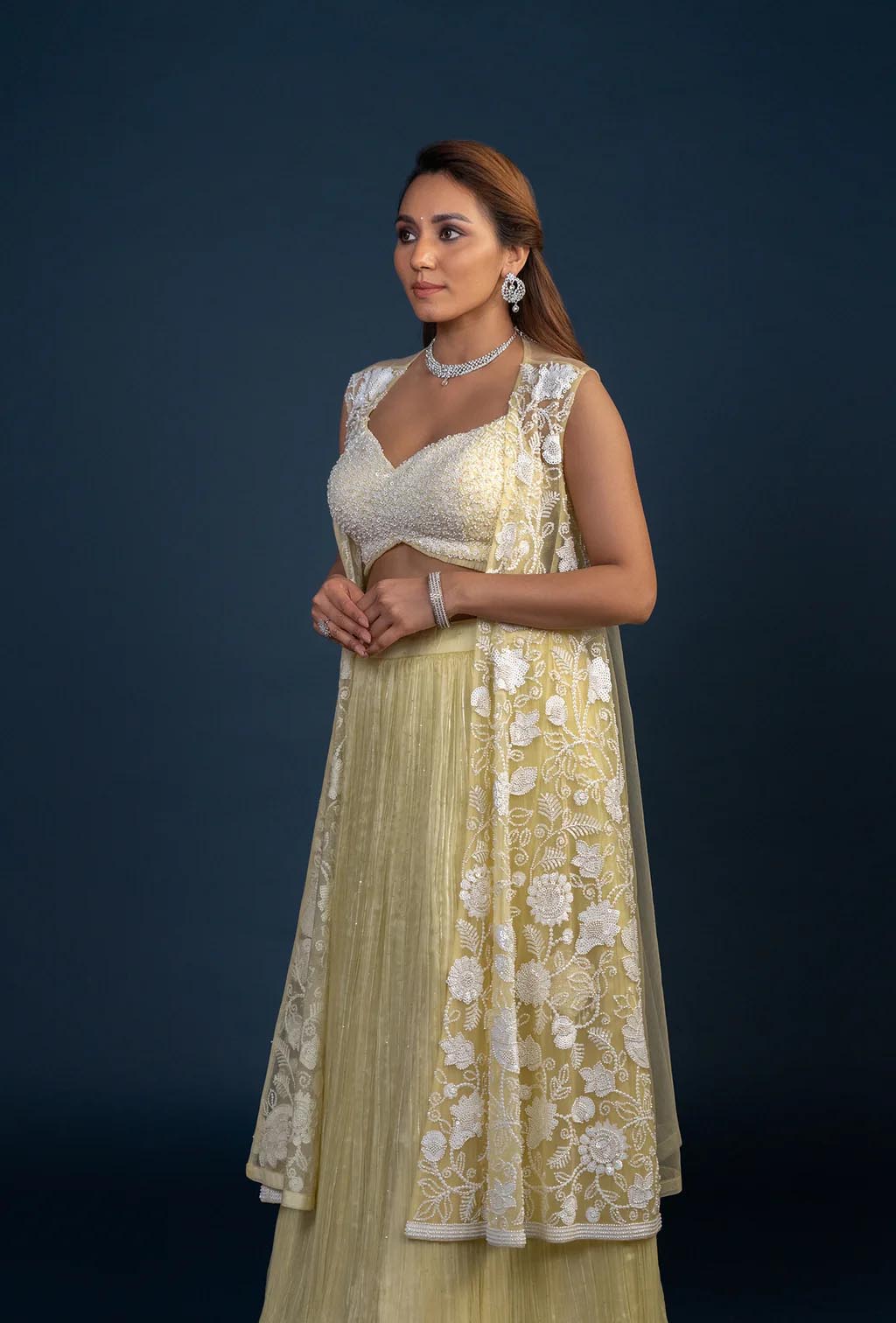 Irene Three piece Pastel Yellow Embroidered Lehenga Set