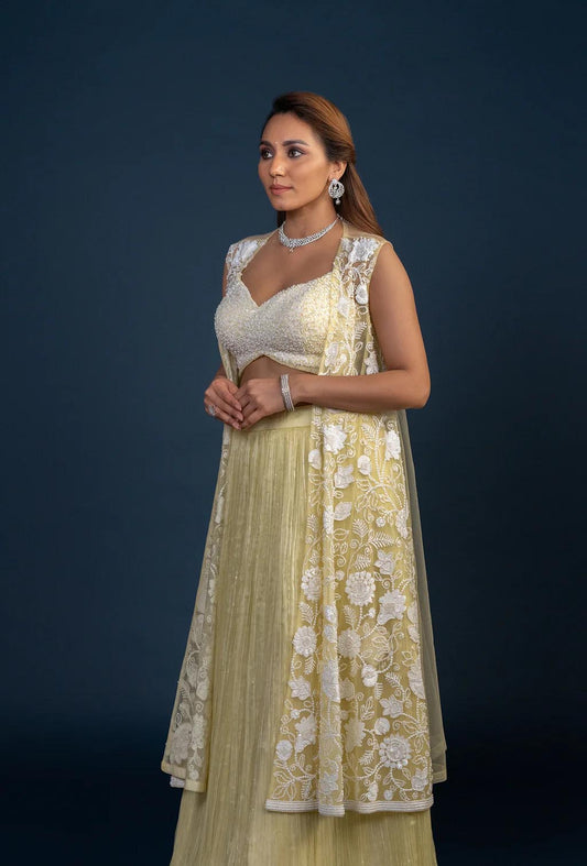 Irene Three piece Pastel Yellow Embroidered Lehenga Set
