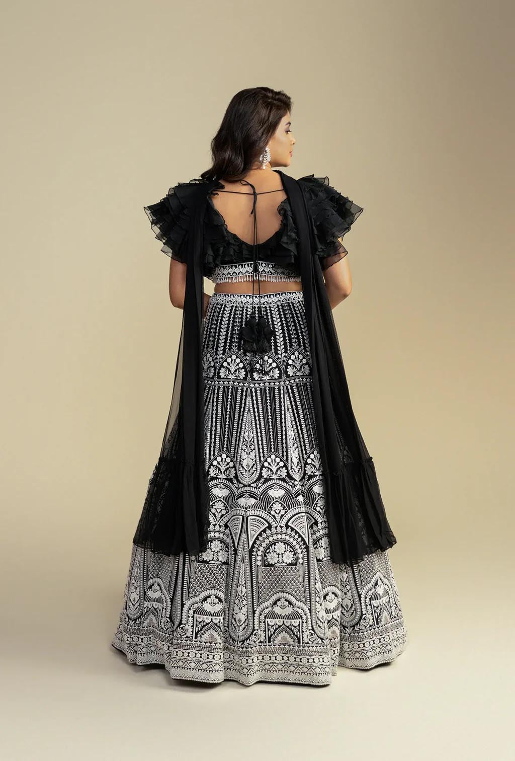 Regalia Black Ruffled Blouse with Chikankari Handwork Lehenga & Choker Dupatta