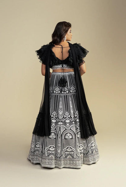 Regalia Black Ruffled Blouse with Chikankari Handwork Lehenga & Choker Dupatta