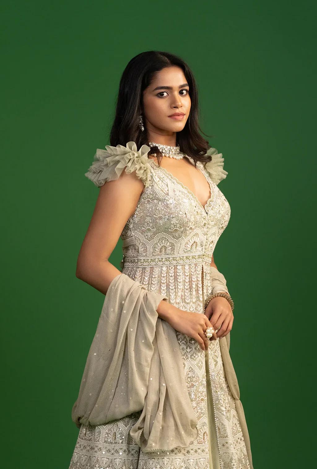 Imperial Moss Green Sheer Embroidered Front Slit Jacket Lehenga Set