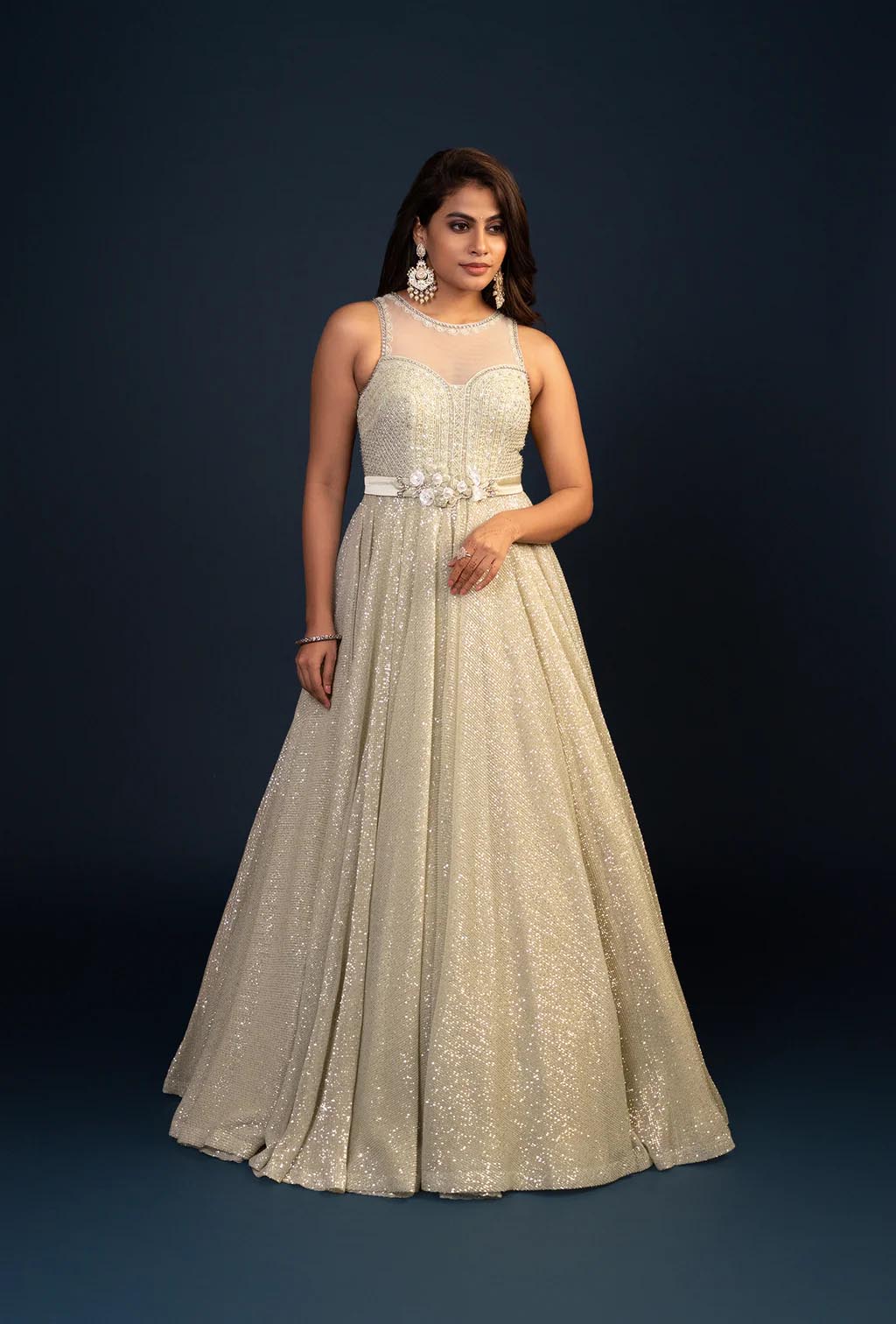 Evermore Shimmer Pista Green Sequined Gown