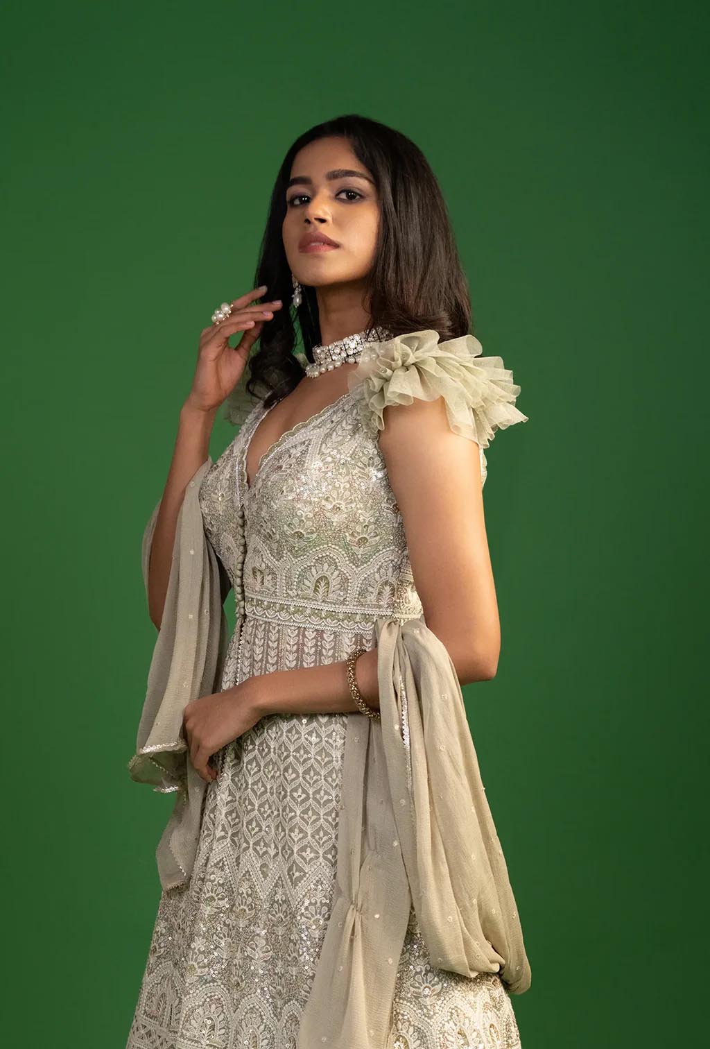 Imperial Moss Green Sheer Embroidered Front Slit Jacket Lehenga Set