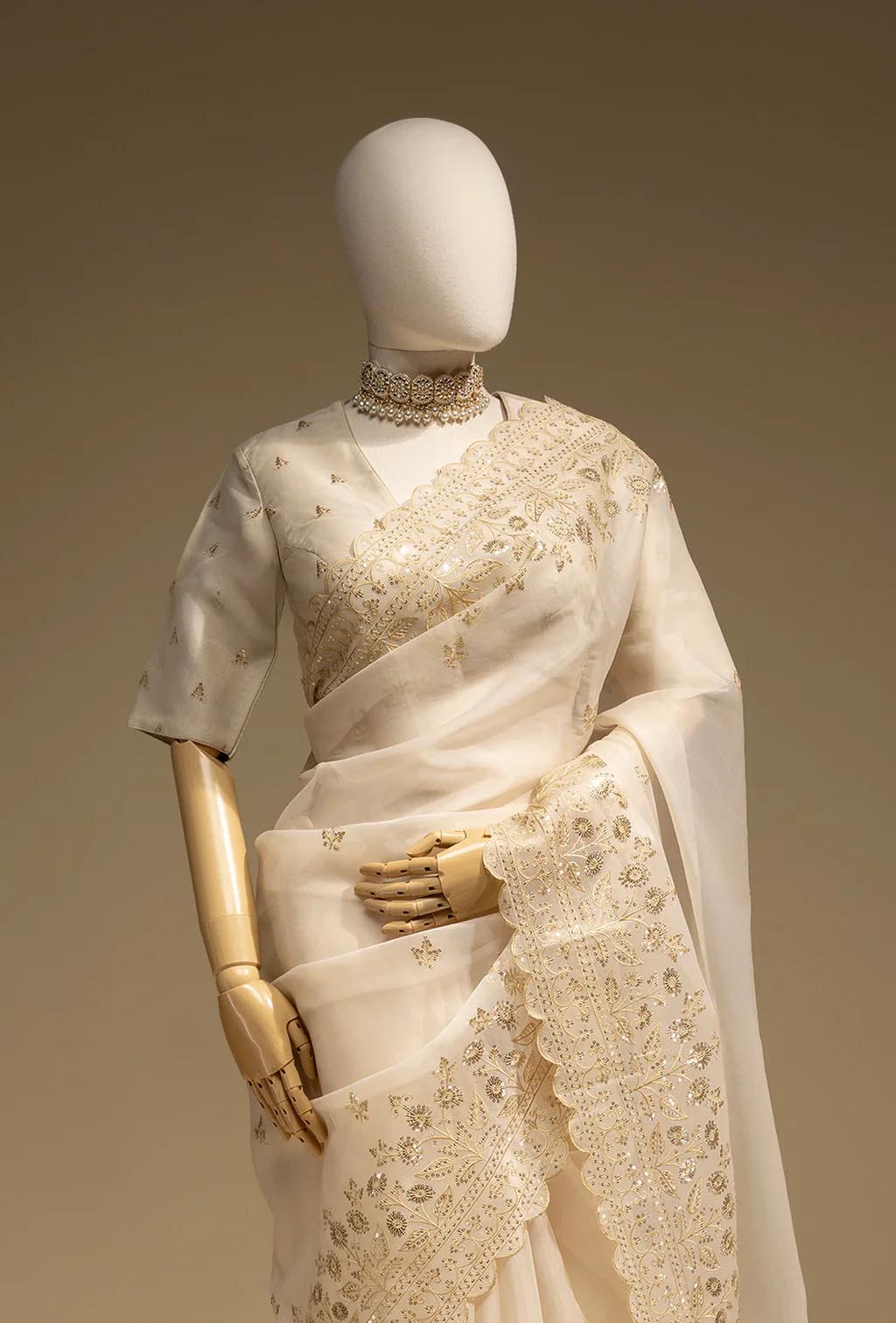 Khadi Organza Saree In Ivory With Delicate Sequins