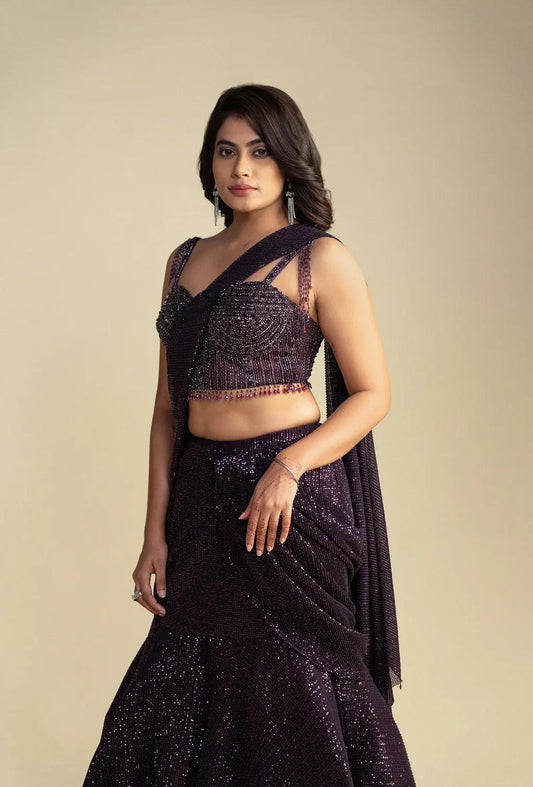 Rooh Dark Wine Pre Draped Mermaid Lehenga Saree