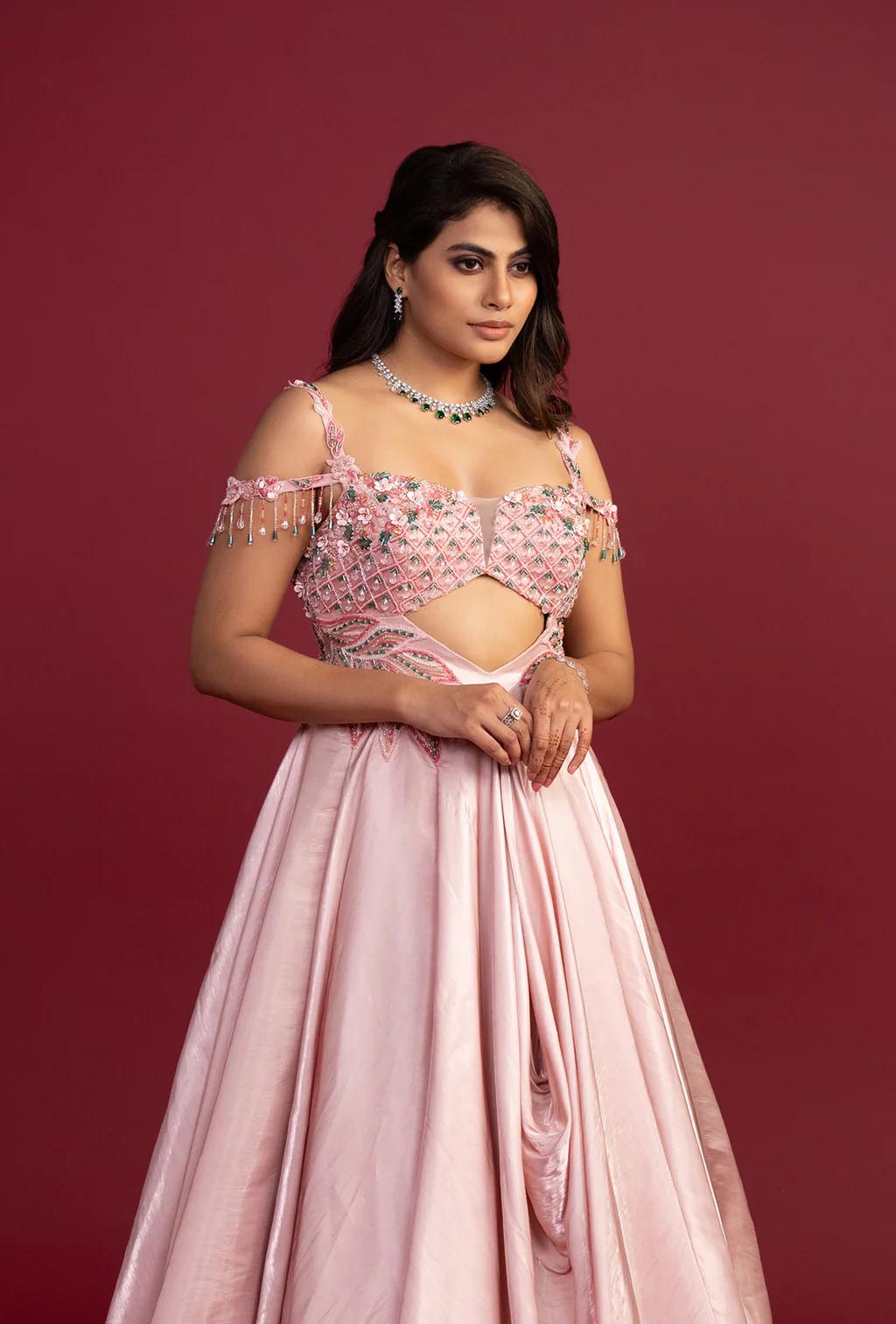 Vivenne Pink Gabana Satin Cold Shouldered Gown